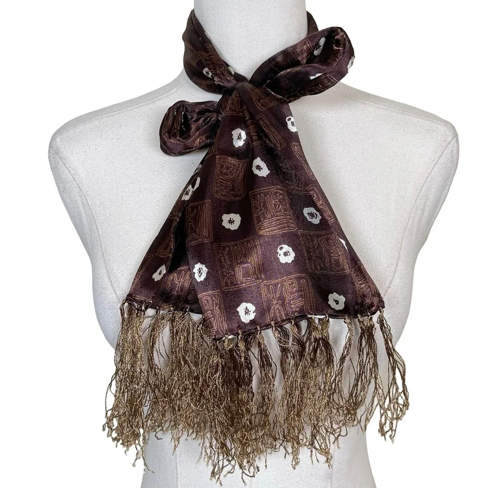 Vintage Silk Scarf Floral‎ Fringe Brown Satin Patterned Tiki 60s 70s Boho Mod